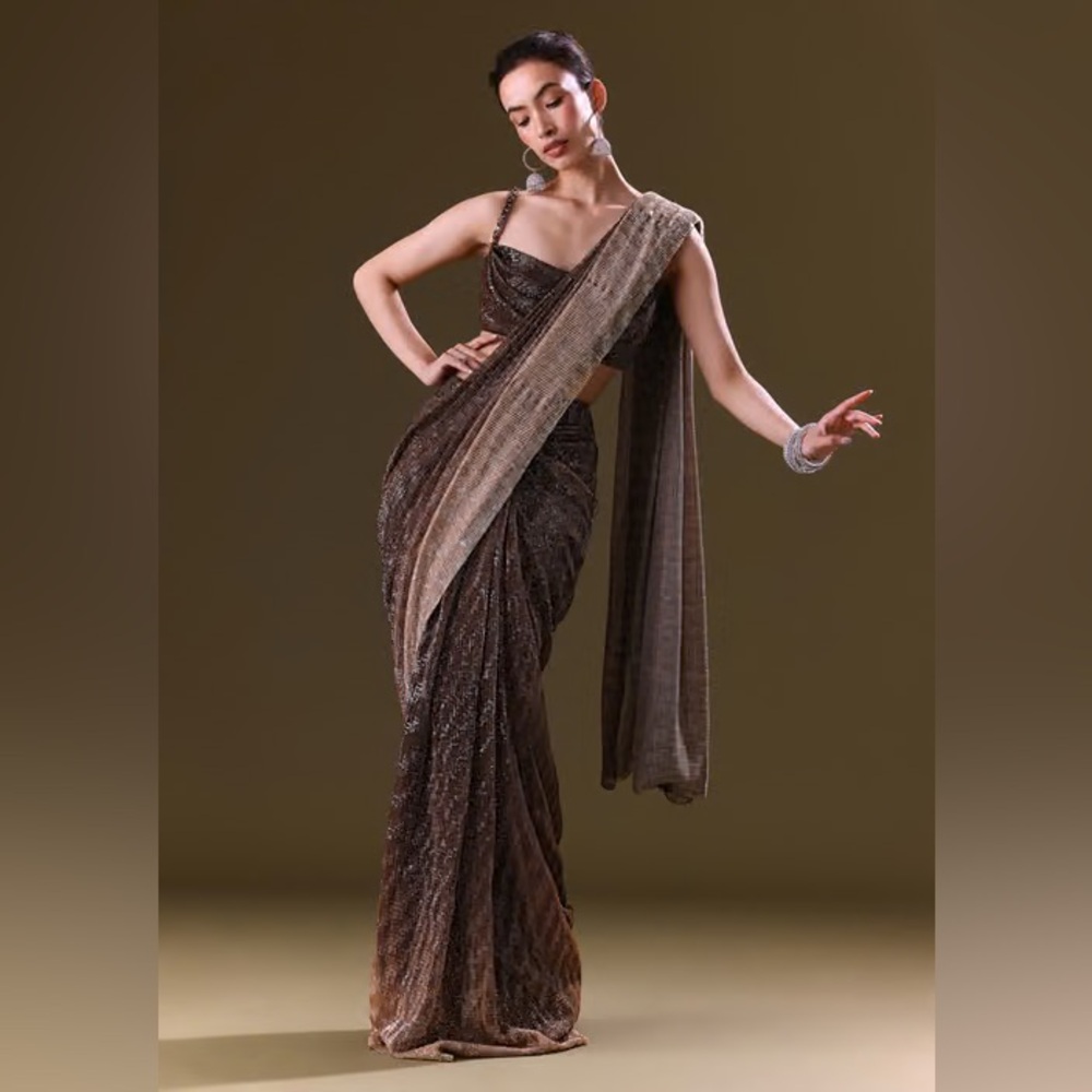 Kalki Fashion Brown Sequin Pre Stitched Saree With Cowl Blouse